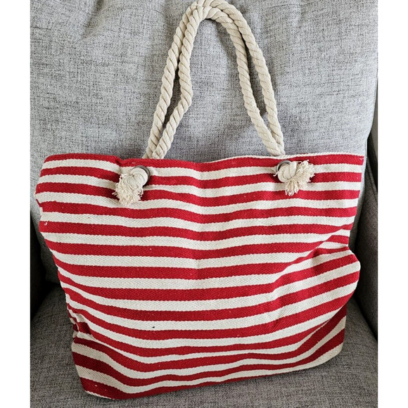 Weekender Beach Red Cream Striped Tote Bag Rope Handle 19in x 14.5in Nautical - Picture 4 of 10